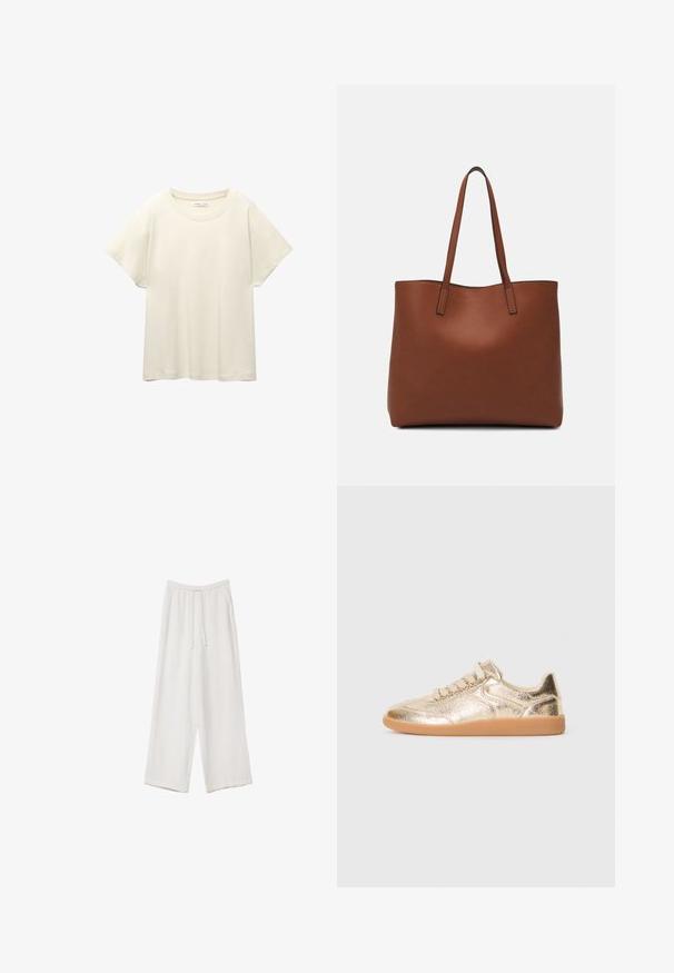 T-shirt beige clair à manches courtes avec un col rond, fabriqué en tissu doux et lisse. Présente une coupe décontractée et un ourlet droit.; Pantalons larges blancs en tissu léger. Dotés d'une taille élastique avec cordon de serrage et de poches latérales. Texture lisse.; Baskets basses avec tige texturée dorée métallique, lacets beiges et semelle en caoutchouc gomme, présentées de l'extérieur sur fond blanc.; Sac fourre-tout en cuir marron avec une texture lisse, design à ouverture supérieure et deux poignées pour le porter à l'épaule. Présente des coutures minimales et aucun matériel visible.
