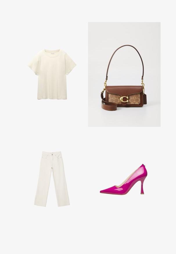 Jasno beżowa, krótko rękawowa koszulka z okrągłym dekoltem, wykonana z miękkiego, gładkiego materiału. Posiada luźny krój i prosty dół.; Białe dżinsy w szerokim kroju wykonane z denimu, z wysokim stanem, przednimi kieszeniami i zapięciem na guzik. Czysty design z minimalnymi akcentami.; Różowe lakierowane szpilki z ostrym noskiem i smukłym obcasem w stylu stiletto. Gładka tekstura z błyszczącym wykończeniem.; Brązowa skórzana torebka z złotym zapięciem, z wzorzystą beżową wstawką. Zawiera odpinany pasek na ramię oraz wytłoczoną metkę z logo.
