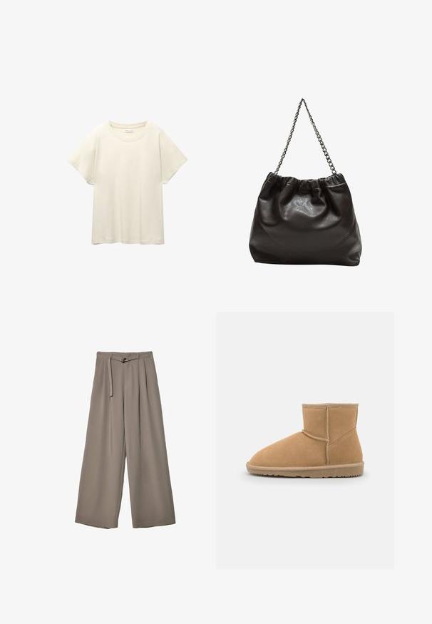 Vaaleanbeige lyhythihainen t-paita, jossa on pyöreä kaula-aukko, valmistettu pehmeästä ja sileästä kankaasta. Ominaisuuksina rento mitta ja suora helma.; Suurille lahkeille housuille pehmeässä, hillityssä harmaassa kankaassa, jossa on vyötäröllä vyö ja lisää muotoilun yksityiskohtia kuploissa. Sileä rakenne, ei kuvioita.; Vaaleanruskeat mokkasiinimaiset nilkkurit, joissa on pyöristetty kärki ja pehmustettu kaulus. Kengissä on kontrastiväriset ompeleet ja teksturoitu kumipohja.; Ruskea nahkainen laukku, jossa on kerätty yläosa ja ketjuhihna. Tasainen pinta, jossa kiiltävä viimeistely ja hienovaraiset sauman yksityiskohdat sivuilla.