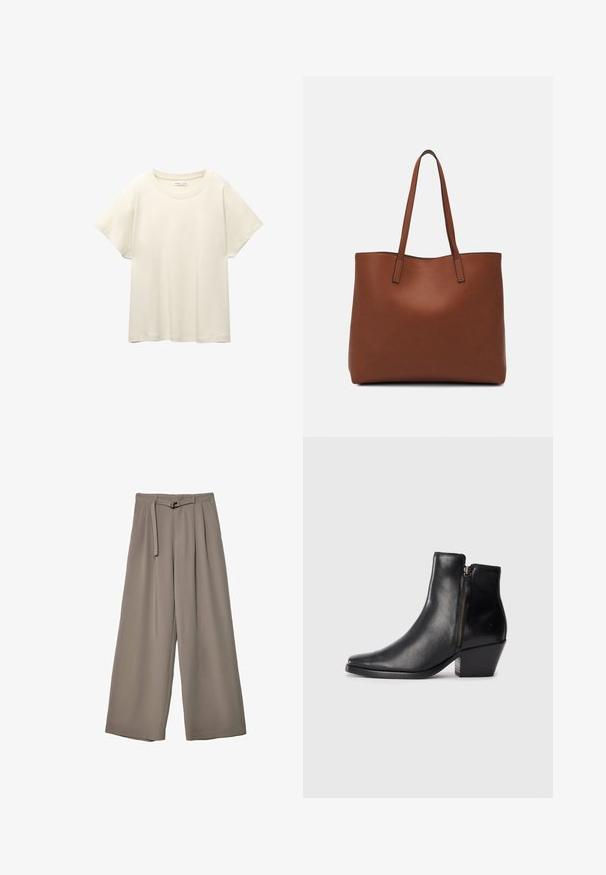 Maglietta a maniche corte beige chiaro con scollatura rotonda, realizzata in un tessuto morbido e liscio. Presenta una vestibilità comoda e un orlo dritto.; Pantaloni a gamba larga in un morbido tessuto grigio tenue, con vita con cintura e pieghe per un tocco di design aggiuntivo. Texture liscia, senza motivi.; Stivale alla caviglia in pelle nera con punta affilata, zip laterale e tacco spesso. Texture liscia e design minimalista.; Borsa tote in pelle marrone con texture liscia, design con apertura superiore e due spallacci. Presenta cuciture minime e nessun hardware visibile.