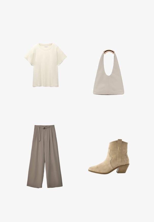 T-shirt beige clair à manches courtes avec un col rond, fabriqué en tissu doux et lisse. Présente une coupe décontractée et un ourlet droit.; Pantalons évasés en tissu gris doux et muted, avec une taille ceinturée et des plis pour un détail de design supplémentaire. Texture lisse, sans motifs.; Bottine en daim beige avec un bout pointu et des coutures courbes. Elle dispose d'un talon empilé et d'une languette à l'arrière pour un enfilage facile.; Sac en cuir gris clair avec un design en forme de U et une poignée métallique courbée. Texture lisse avec un minimum de coutures et sans motifs visibles.