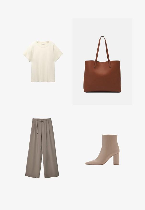 Lys beige kortærmet t-shirt med rund halsudskæring, lavet af blødt, glat stof. Har en afslappet pasform og lige forneden.; Vide ben bukser i et blødt, afdæmpet grå stof, med en bælte i taljen og plisseringer for ekstra designdetalje. Glat tekstur, ingen mønstre.; Beige ankelstøvle med spids tå, lavet af glat materiale, med en gennemsigtig blockhæle og minimalistisk design.; Brun læder tote taske med en glat overflade, åben topdesign og to skulderremme. Har minimal syning og ingen synlig hardware.