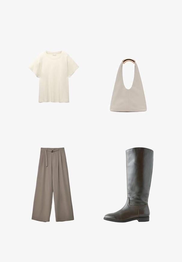 Svijetlo bež majica kratkih rukava s okruglim izrezom, izrađena od meke, glatke tkanine. Karakterizira je opušteni kroj i ravni rub.; Široke hlače u mekoj, prigušenoj sivoj tkanini, s remenom na struku i plisiranim detaljima za dodatni dizajn. Glatka tekstura, bez uzoraka.; Smeđe kožne čizme do koljena s glatkom teksturom, okruglim vrhom i minimalnim detaljima šivanja. Potplat je ravan s niskim potpeticama.; Svijetlosivi kožni torba s oblikom u slovo U i zakrivljenim metalnim drškom. Glatka tekstura s minimalnim šavovima i bez vidljivih uzoraka.