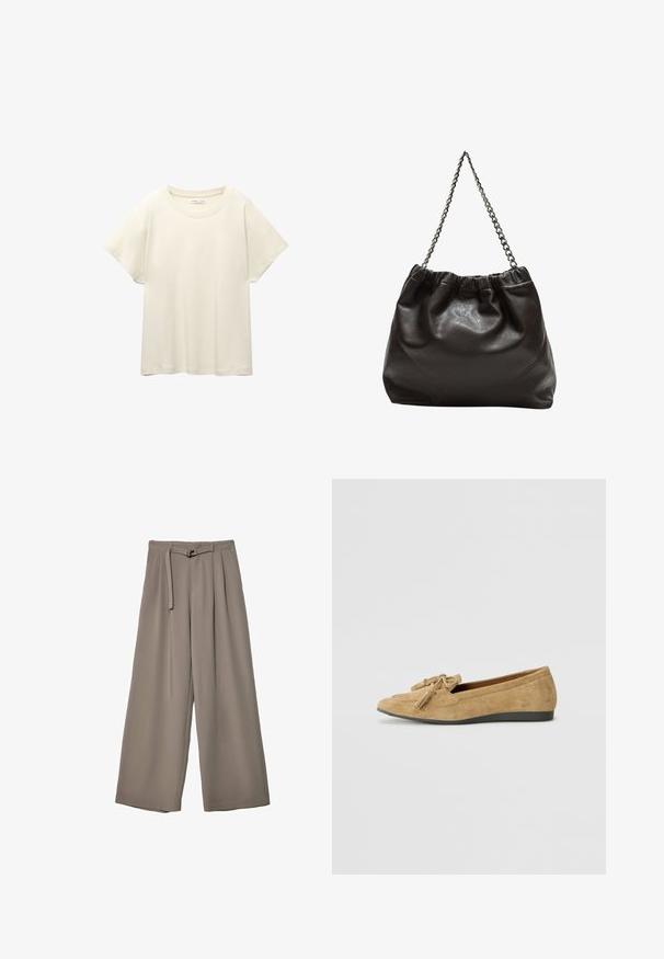 Vaaleanbeige lyhythihainen t-paita, jossa on pyöreä kaula-aukko, valmistettu pehmeästä ja sileästä kankaasta. Ominaisuuksina rento mitta ja suora helma.; Suurille lahkeille housuille pehmeässä, hillityssä harmaassa kankaassa, jossa on vyötäröllä vyö ja lisää muotoilun yksityiskohtia kuploissa. Sileä rakenne, ei kuvioita.; Vaaleanruskeat mokkakenkiä, joissa on pyöristetty varsi ja koristeellinen tupsuyksityiskohta. Pohja on teksturoitua mustaa kumia pidon takaamiseksi.; Ruskea nahkainen laukku, jossa on kerätty yläosa ja ketjuhihna. Tasainen pinta, jossa kiiltävä viimeistely ja hienovaraiset sauman yksityiskohdat sivuilla.