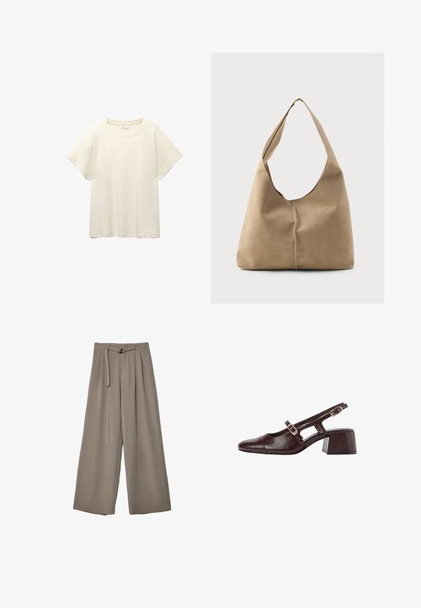 Lys beige kortærmet t-shirt med rund halsudskæring, lavet af blødt, glat stof. Har en afslappet pasform og lige forneden.; Vide ben bukser i et blødt, afdæmpet grå stof, med en bælte i taljen og plisseringer for ekstra designdetalje. Glat tekstur, ingen mønstre.; Brune læder slingback hæle med firkantet tå, udskårne sider og en blokhæl. Har en spænde på ankelremmen.; Hobo taske i blød beige ruskind med en afslappet form, bred skulderrem og håndsyet sømdetalje langs fronten.