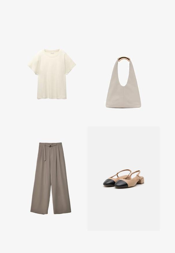 Light beige short-sleeve t-shirt with a round neckline, made of soft, smooth fabric. Features a relaxed fit and straight hemline.; Wide-leg trousers in a soft, muted grey fabric, featuring a belted waist and pleats for added design detail. Smooth texture, no patterns.; Beige leather slingback shoes with a black cap toe, block heel, and adjustable strap. Smooth texture and minimalist design.; Light gray leather bag with a U-shaped design and a curved metallic handle. Smooth texture with minimal stitching and no visible patterns.