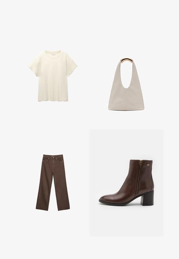 Svetlo bež kratkosleeven majica s okroglim ovratnikom, izdelana iz mehke, gladke tkanine. Ima sproščen kroj in raven rob.; Široke rjave kavbojke iz denima, ki imajo visok pas, sprednje žepe in klasično zapiranje na gumb. Gladka tekstura s subtilnim šivom.; Brah zapeščen čevlj s krožno konico, stranski zadrgo z zlatimi dodatki in blok peto s teksturiranim vzorcem.; Svetlo siva usnjena torba z U-oblika zasnovo in ukrivljenim kovinskim ročajem. Gladka tekstura z minimalnim šivom in brez vidnih vzorcev.