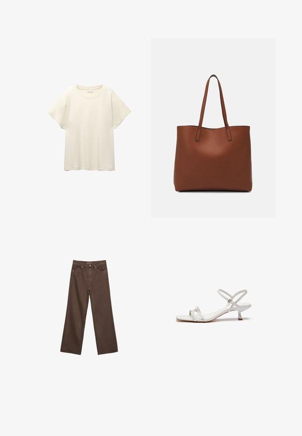 Vaaleanbeige lyhythihainen t-paita, jossa on pyöreä kaula-aukko, valmistettu pehmeästä ja sileästä kankaasta. Ominaisuuksina rento mitta ja suora helma.; Leviittävät ruskeat farkut, jotka on valmistettu denimistä, korkea vyötärö, etutaskut ja klassinen nappikiinnitys. Silkkinen pinta hienovaraisella ompelutyöllä.; Valkoiset remmisandaalit, joissa on matala lohko korko, tasapohja ja säädettävä nilkkahihna. Sileä materiaali yksinkertaisella muotoilulla.; Ruskea nahkainen olkalaukku, jossa on sileä pinta, avoin yläosa ja kaksi olkahihnaa. Omaavat vain minimaalisen ompelun eikä näkyvää metalliosaa.