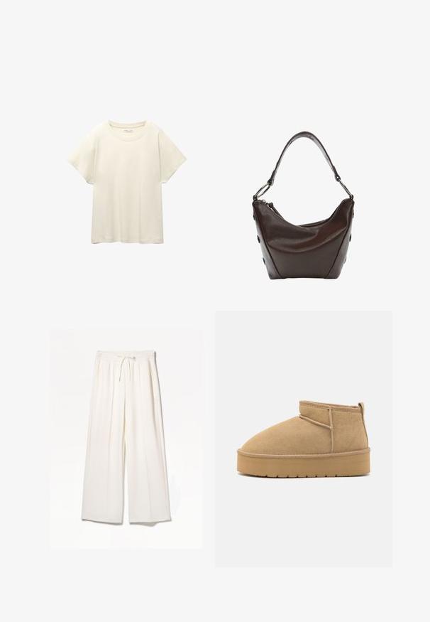 Svetle béžové tričko s krátkým rukávem a kulatým výstřihem, vyrobené z jemné, hladké tkaniny. Má uvolněný střih a rovný lem.; Bílé široké kalhoty vyrobené z lehkého materiálu, s elastickým pasem, tkaničkou a bočními kapsami, bez viditelných vzorů.; Béžové semišové kotníkové boty s kulatou špičkou, minimalistickým šitím a světle hnědou gumovou podrážkou s texturovaným vzorem.; Tmavě hnědá kožená kabelka s oblým tvarem, na zip a s krátkým uchopovacím držadlem. Obsahuje kovové detaily a dekorativní černé knoflíky po stranách.