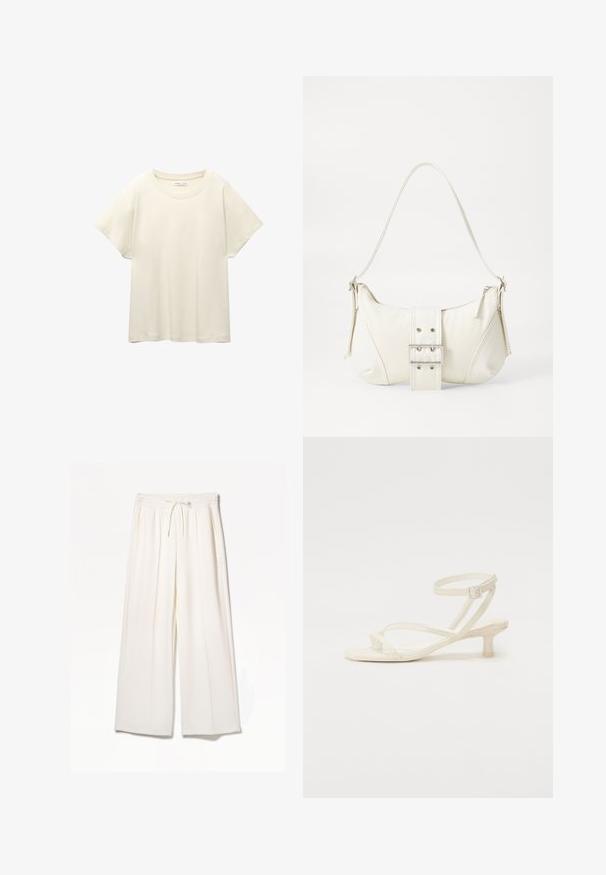 Világos bézs, rövid ujjú póló, kerek nyakkivágással, puha, sima anyagból készült. Lazán illeszkedő szabással és egyenes szegéllyel rendelkezik.; Fehér, széles szárú nadrág, könnyű anyagból készült, gumis derékkal, húzózsinórral és oldalsó zsebekkel, látható minták nélkül.; Világos elefántcsont színű, pántos szandál alacsony, blokk sarkával. Simaságot sugárzó anyagból készült, vékony pántokkal és csatolással a bokán.; Fehér válltáska texturált felülettel, középen csattogó részlettel és íves formával. Cipzáras záródás mindkét oldalon.