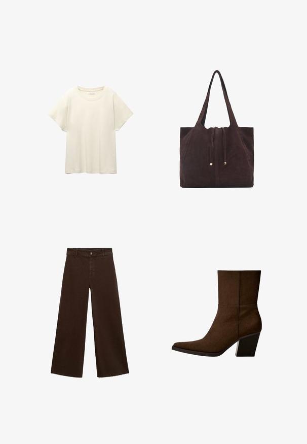 Helles beige T-Shirt mit kurzen Ärmeln und Rundhalsausschnitt, aus weichem, glattem Stoff gefertigt. Verfügt über eine lockere Passform und einen geraden Saum.; Braune, weit geschnittene Hosen aus Baumwollmischung mit fransigem Saum, vorderem Knopfverschluss und klassischem Fünf-Taschen-Design. Minimalistisch und vielseitig.; Braune Wildleder-Stiefelette mit spitzem Zehenbereich und klobigem Absatz, die ein minimalistisches Design und eine glatte Textur vor einem weißen Hintergrund zeigt.; Mango Shopping Bag - dark brown