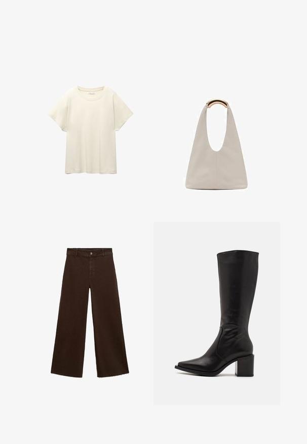 Tricou scurt de culoare bej deschis, cu mâneci scurte și decolteu rotund, realizat dintr-un material moale și neted. Are o croială lejeră și un tiv drept.; Pantaloni largi maro dintr-un amestec de bumbac, cu un tiv desfăcut, închidere cu buton frontal și un design clasic cu cinci buzunare. Minimalist și versatil.; Zign LEATHER - Cizme - black; Geantă din piele gri deschis cu un design în formă de U și un mâner metalic curbat. Textură netedă cu cusături minime și fără modele vizibile.