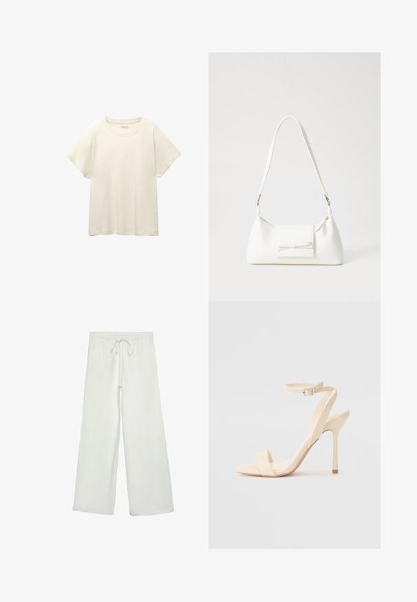 Svetlo béžové tričko s krátkym rukávom a okrúhlym výstrihom, vyrobené z jemnej, hladkej tkaniny. Má voľný strih a rovný lem.; Biele nohavice s širokými nohavicami vyrobené z mäkkej tkaniny. Majú elastický pás s šnúrkou a hladký povrch. Žiadne viditeľné vzory ani kovania.; Beige sandále na vysokom opatku s úzkym remienkom na členku a štvorcovou špičkou. Hladký syntetický materiál, minimalistický dizajn a stiletto podpätok.; Biela syntetická kabelka s trojuholníkovým tvarom, plochým predným klapkou a detailom mašle, nastaviteľným popruhom, hladkou textúrou a minimalistickým dizajnom.