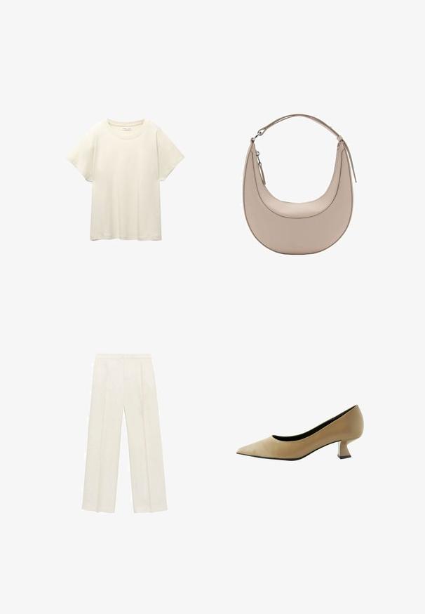 Vaaleanbeige lyhythihainen t-paita, jossa on pyöreä kaula-aukko, valmistettu pehmeästä ja sileästä kankaasta. Ominaisuuksina rento mitta ja suora helma.; Valkoiset leveälahkeiset housut vaaleassa kermassa. Valmistettu sileästä kankaasta, jossa on laskokset edessä ja sivutaskut.; Next WIDE FIT FOREVER COMFORT KITTEN HEEL COURT - Avokkaat - taupe brown; Vaaleanbeige nahkainen olkalaukku, jossa on kuu-ukko muoto, sileä pinta ja yksi kaareva kahva. Varusteena vetoketjukiinnitys ja siisti ompelu.