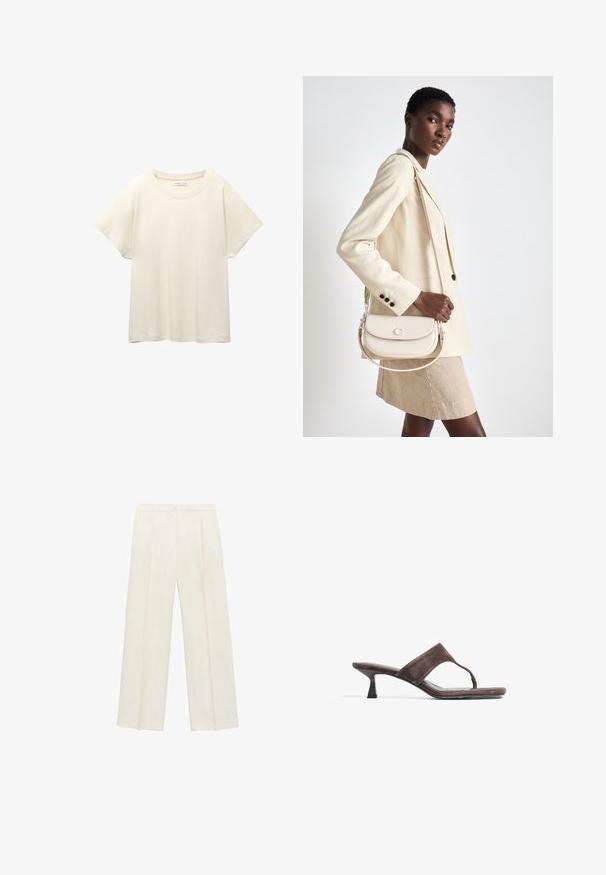 Vaaleanbeige lyhythihainen t-paita, jossa on pyöreä kaula-aukko, valmistettu pehmeästä ja sileästä kankaasta. Ominaisuuksina rento mitta ja suora helma.; Valkoiset leveälahkeiset housut vaaleassa kermassa. Valmistettu sileästä kankaasta, jossa on laskokset edessä ja sivutaskut.; Ruske mokasine s remenom između prstiju, niskom kitten petom i glatkom ravnom potplatom. Minimalistički dizajn s elegantnim siluetom.; COACH EMMY SADDLE BAG 23 - Käsilaukku - chalk