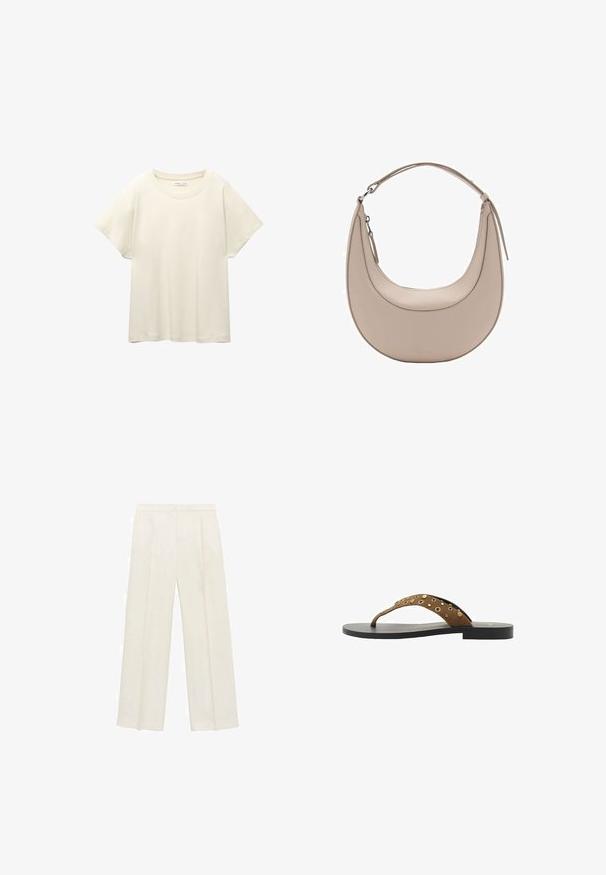 Jasno beżowa, krótko rękawowa koszulka z okrągłym dekoltem, wykonana z miękkiego, gładkiego materiału. Posiada luźny krój i prosty dół.; Spodnie o szerokich nogawkach w jasnym kolorze kremowym. Wykonane z gładkiego materiału, z plisami z przodu i bocznymi kieszeniami.; Brązowe zamszowe klapki z pojedynczym paskiem ozdobionym złotymi ćwiekami, czarną podeszwą, płaskim designem i prostą, minimalistyczną formą.; Beżowa skórzana torba na ramię o kształcie półksiężyca, gładkiej fakturze i pojedynczym zakrzywionym uchwycie. Posiada zamek błyskawiczny oraz staranne przeszycia.