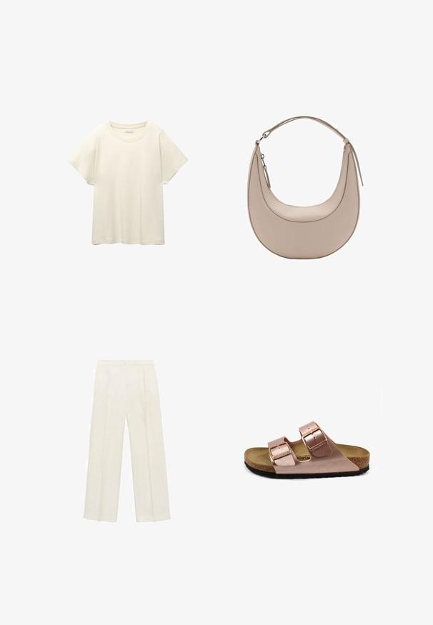 Lichtbeige t-shirt met korte mouwen en een ronde halslijn, gemaakt van zachte, gladde stof. Heeft een ontspannen pasvorm en een rechte zoom.; Wijdgevallen broeken in een lichtcrème kleur. Gemaakt van een zachte stof met plooien aan de voorkant en zijzakken.; Roze vegan leren sandaal met twee verstelbare gespsluitingen, kurken voetbed en zwarte rubberen zool. Minimalistisch ontwerp met een plat profiel.; Beige leren schoudertas met een halve maanvorm, een soepele textuur en een enkele gebogen handgreep. Voorzien van een ritssluiting en nette stiksels.