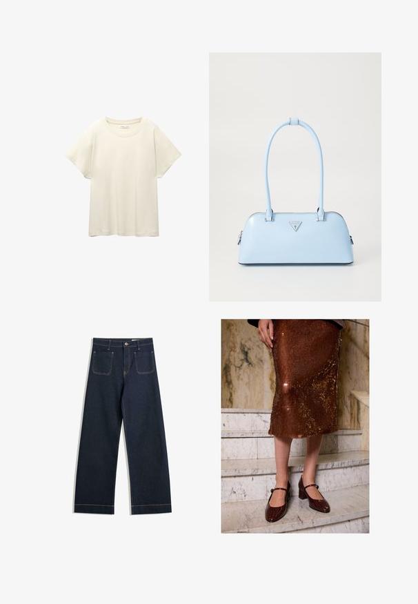 Svetlo bež kratkosleeven majica s okroglim ovratnikom, izdelana iz mehke, gladke tkanine. Ima sproščen kroj in raven rob.; Temno modre široke jeans hlače iz denima s kontrastnim svetlo rjavim šivi, dvema zadnjima žepoma in gumbom za zapirjanje v pasu.; Ženska v rjavi bleščeči midi krilu in temno rjavih čevljih Mary Jane s krokodiljo teksturo stoji na marmornih stopnicah.; Svijetloplavi ručni torbica s strukturiranim oblikom, glatkim kožnim materijalom, dvije ručke i trokutastim logotipom brenda na prednjoj strani. S zatvaračem.