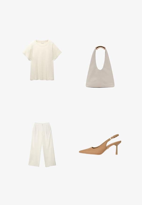 Vaaleanbeige lyhythihainen t-paita, jossa on pyöreä kaula-aukko, valmistettu pehmeästä ja sileästä kankaasta. Ominaisuuksina rento mitta ja suora helma.; Kermanhousut vaaleassa kankaassa, jossa on sileä rakenne, yksittäinen etunappi, hienovaraiset laskokset ja korkea vyötärömuotoilu.; Ruskean kiilakorollinen kenkä, jossa on terävä kärki, sileä pinta, säädettävä hihna ja hoikka korko. Minimalistinen muotoilu, jossa on hienovarainen kultainen yksityiskohta.; Vaalea harmaa nahkalaukku, jossa on U-muotoinen muotoilu ja kaareva metallikahva. Suora pinta, jossa on minimaalinen ompelu ja ei näkyviä kuvioita.