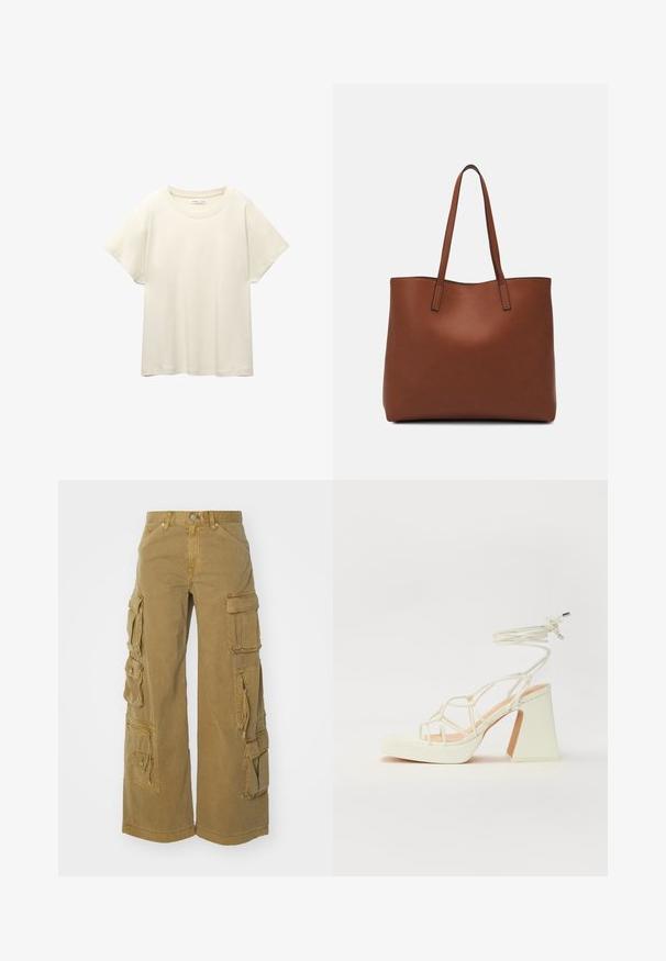 Svetle béžové tričko s krátkým rukávem a kulatým výstřihem, vyrobené z jemné, hladké tkaniny. Má uvolněný střih a rovný lem.; Hnědé cargo kalhoty s širokými nohavicemi, několika bočními kapsami a detaily se zipem. Vyrobené z pevné tkaniny s hladkou strukturou.; Bílé sandály na vysokém podpatku s robustním podpatkem, s designem s pásky a zavazováním kolem kotníku. Hladký povrch s platformou vpředu pro zvýšení výšky.; Hnědá kožená taška přes rameno s hladkou texturou, otevřeným designem a dvěma ramenními popruhy. Obsahuje minimální švy a žádné viditelné kovové prvky.