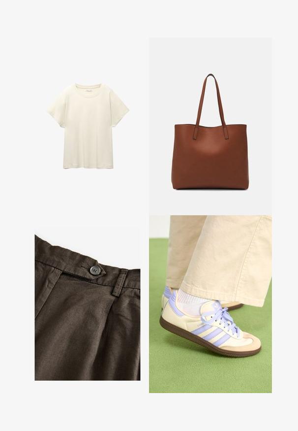 Helles beige T-Shirt mit kurzen Ärmeln und Rundhalsausschnitt, aus weichem, glattem Stoff gefertigt. Verfügt über eine lockere Passform und einen geraden Saum.; Braune Leinenhosen mit Knopfverschluss, Falten auf der Vorderseite und einem strukturierten Stoff. Der Bund ist mit sichtbaren Nähten gestaltet.; Cremefarbene und lavendelfarbene Sneakers mit drei Streifen und einer strukturierten braunen Sohle, ausgestattet mit Schnürsenkeln und einer gepolsterten Ferse. Obermaterial aus weichem Stoff.; Braune Leder-Tote mit glatter Textur, offenem Oberteil und zwei Schulterriemen. Verfügt über minimale Nähte und keine sichtbaren Beschläge.