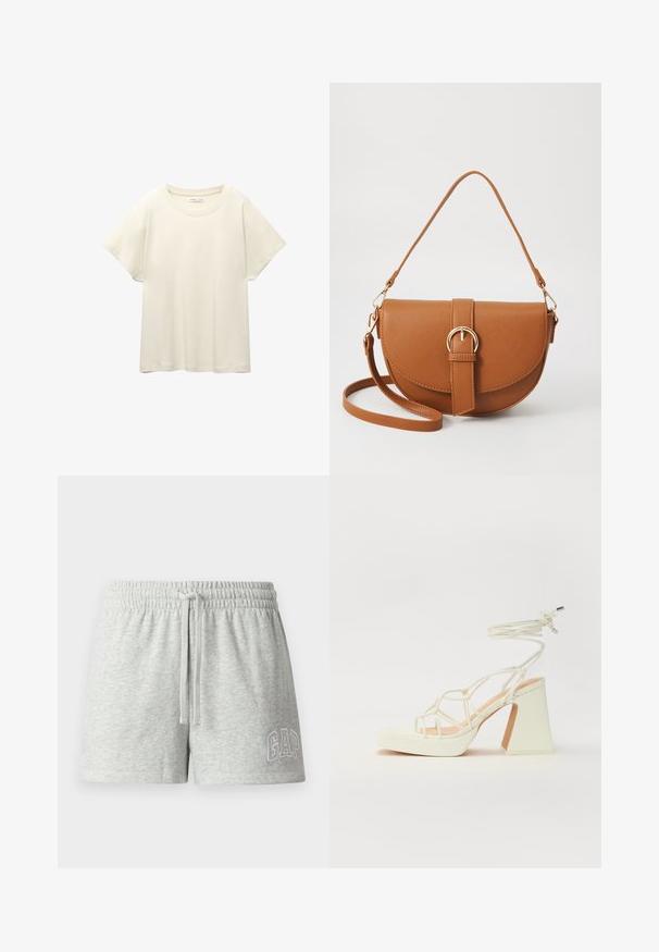 Svetlo bež kratkosleeven majica s okroglim ovratnikom, izdelana iz mehke, gladke tkanine. Ima sproščen kroj in raven rob.; Sive bombažne kratke hlače z elastičnim pasom, nastavljivo vrvico in izvezenim logotipom "GAP" v beli barvi na levem nogavici.; Bela sandala na visokih petah s debelim petam, ki ima obliko trakcev in vezanje okoli gležnja. Gladka tekstura z platformo spredaj za dodatno višino.; Rjava usnjena torbica prek telesa s ukrivljeno obliko, zlate opreme in sponko. Ima odstranljiv naramni trak.