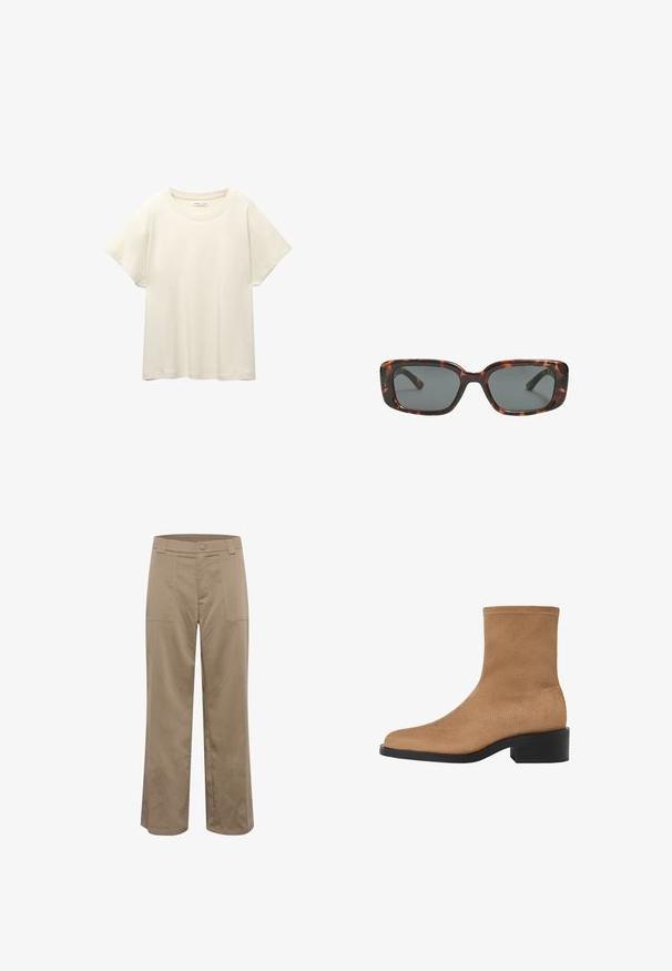 Lys beige kortærmet t-shirt med rund halsudskæring, lavet af blødt, glat stof. Har en afslappet pasform og lige forneden.; Khaki brede bukser med lige snit, lavet af tekstureret stof, med to frontlommer og knaplukning i taljen.; Tan ruskinds ankelstøvle med firkantet tå, lav blokhæl og sømløs design. Har subtil syning langs kanterne.; Skildpaddedesolbriller med rektangulære linser, tykke stel og mørkt tonede linser. Glat tekstur og minimalistisk design.