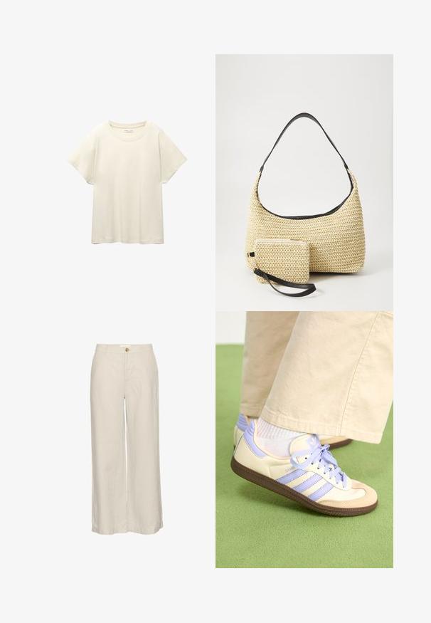 Helles beige T-Shirt mit kurzen Ärmeln und Rundhalsausschnitt, aus weichem, glattem Stoff gefertigt. Verfügt über eine lockere Passform und einen geraden Saum.; Helle beige, weite Leinenhosen mit Knopfverschluss, die eine glatte Textur und minimalistische Nahtdetails am Saum aufweisen.; Cremefarbene und lavendelfarbene Sneakers mit drei Streifen und einer strukturierten braunen Sohle, ausgestattet mit Schnürsenkeln und einer gepolsterten Ferse. Obermaterial aus weichem Stoff.; Geflochtene Strohtasche mit geschwungener Silhouette, ausgestattet mit einem glatten schwarzen Ledergriff und einem passenden kleinen Beutel, der mit einem Handgelenkriemen befestigt ist.