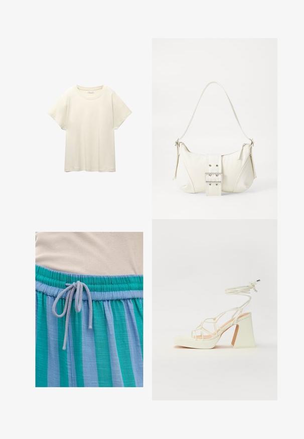 Svijetlo bež majica kratkih rukava s okruglim izrezom, izrađena od meke, glatke tkanine. Karakterizira je opušteni kroj i ravni rub.; Lagani platneni materijal plave i zelene pruge s elastičnim pojasom i zatvaranjem na vezanje. Teksturirana površina s suptilnim sjajem.; Bijela sandala na visokoj potpetici s debelim petom, s remenom i vezanjem oko gležnja. Glatka tekstura s platformom sprijeda za dodatnu visinu.; Bijela torbica s teksturiranim završetkom, središnjim detaljem kopče i zakrivljenim oblikom. Rajsferšlusi sa svake strane.