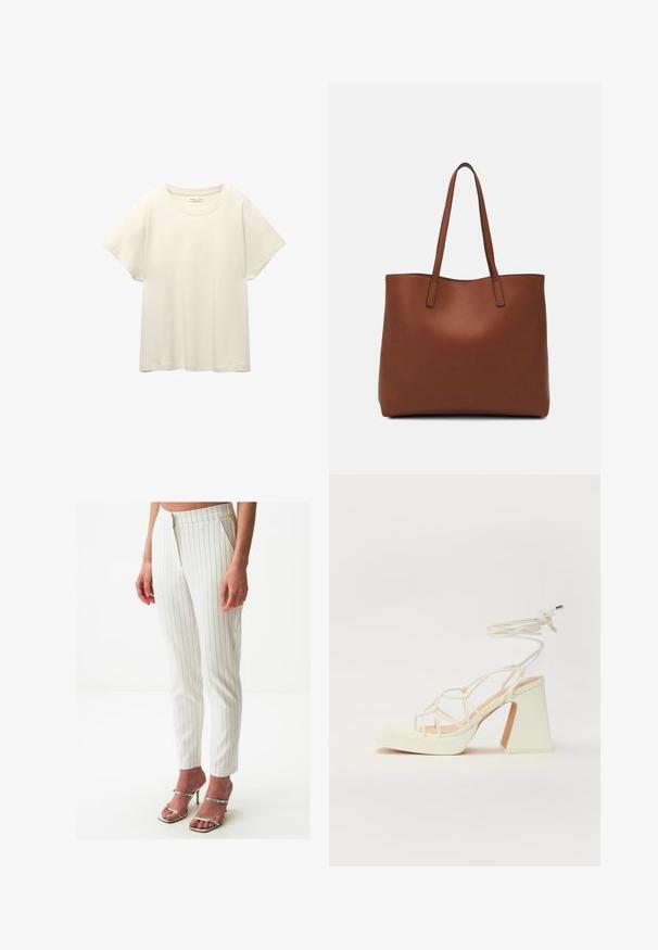 Lichtbeige t-shirt met korte mouwen en een ronde halslijn, gemaakt van zachte, gladde stof. Heeft een ontspannen pasvorm en een rechte zoom.; Witte pinstriped broeken in een getailleerde pasvorm met een gladde textuur en een verborgen rits. G gecombineerd met zilveren strappy hakken.; Witte hoge hakken sandaal met een chunky hak, met een bandjesontwerp en enkelband. Gladde textuur met een plateau voor extra hoogte.; Bruine leren tote bag met een gladde textuur, een ontwerp met een open bovenkant en twee schouderbanden. Kenmerkt zich door minimale stiksels en geen zichtbare hardware.