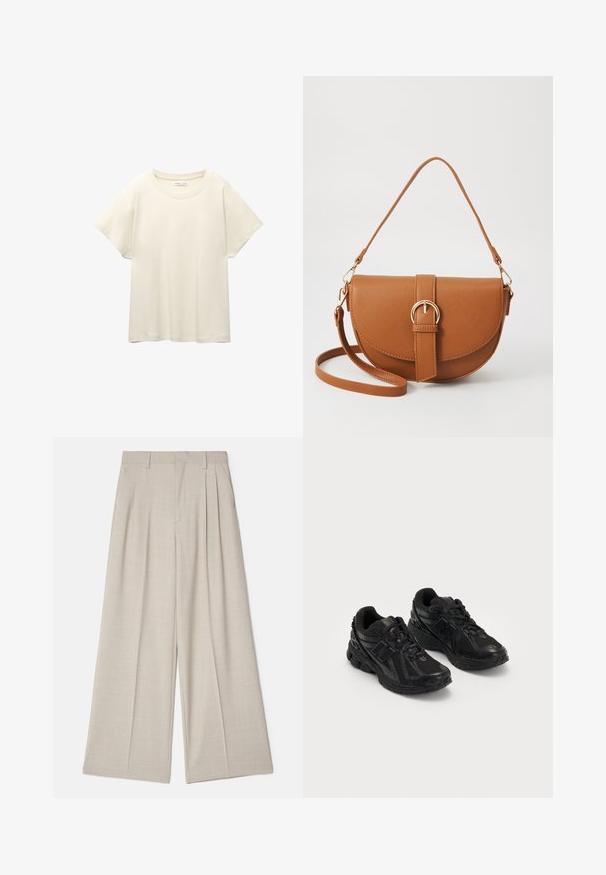 Svetlo bež kratkosleeven majica s okroglim ovratnikom, izdelana iz mehke, gladke tkanine. Ima sproščen kroj in raven rob.; Bež hlače širokega kroja z gladko teksturo, z sprednjimi naborki, ravnim pasom in krojem, ki omogoča ohlapno prileganje.; Črne športne čevlje, izdelani iz mrežaste in sintetične tkanine. Imajo oblazinjen podplat, teksturirane vzorce in vtisnjeno blagovno znamko na strani.; Rjava usnjena torbica prek telesa s ukrivljeno obliko, zlate opreme in sponko. Ima odstranljiv naramni trak.