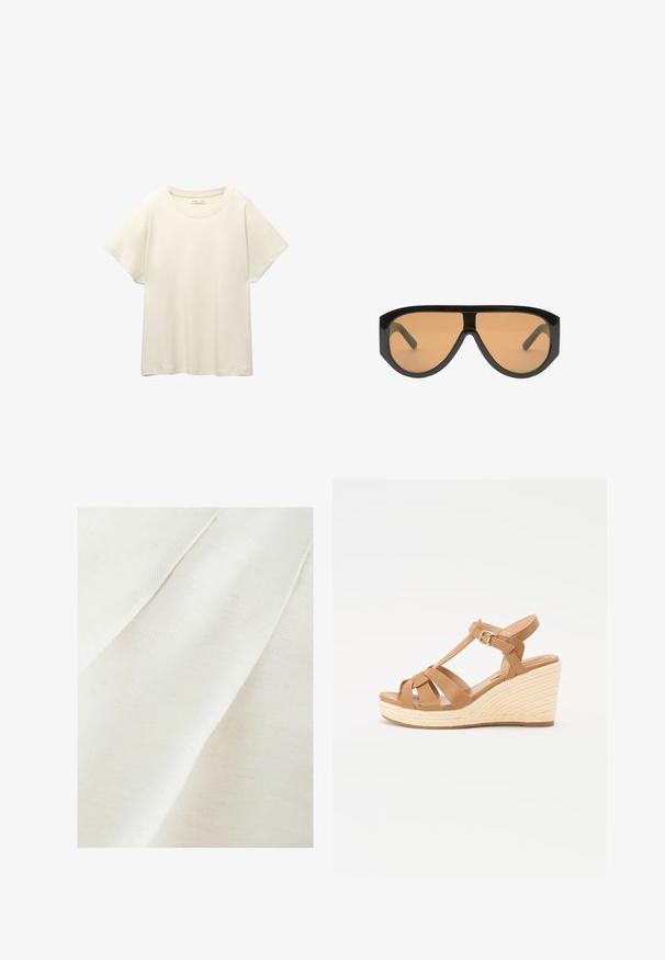 Helles beige T-Shirt mit kurzen Ärmeln und Rundhalsausschnitt, aus weichem, glattem Stoff gefertigt. Verfügt über eine lockere Passform und einen geraden Saum.; Textilstoff in Off-White mit einer subtilen strukturierten Webart, die sanfte Falten und schwache Sprenkel aufweist. Glatte, weiche Oberfläche.; Braune Keil-Sandalen mit einem Kreuzriemen-Design, verstellbarem Knöchelriemen und einer strukturierten, gewebten Espadrille-ähnlichen Keilsohle.; Schwarze übergroße Sonnenbrille mit braunen Gläsern, mit breiten, kantigen Rahmen und geraden Bügeln. Glatte, glänzende Oberfläche, minimalistische Hardware.