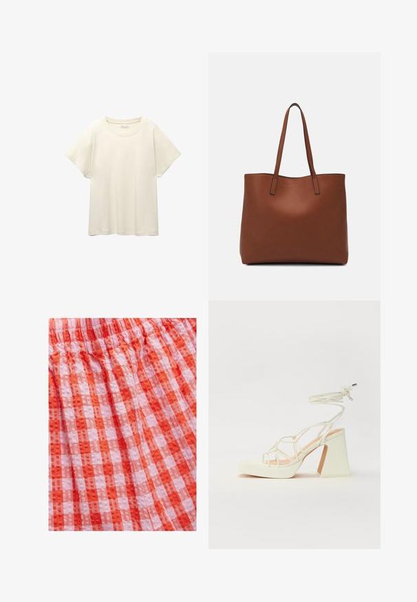 Lichtbeige t-shirt met korte mouwen en een ronde halslijn, gemaakt van zachte, gladde stof. Heeft een ontspannen pasvorm en een rechte zoom.; Rood en roze geruit stof met een gestructureerde afwerking, voorzien van een geraffineerde taille en geplooid ontwerp. Het materiaal lijkt lichtgewicht en ademend te zijn.; Witte hoge hakken sandaal met een chunky hak, met een bandjesontwerp en enkelband. Gladde textuur met een plateau voor extra hoogte.; Bruine leren tote bag met een gladde textuur, een ontwerp met een open bovenkant en twee schouderbanden. Kenmerkt zich door minimale stiksels en geen zichtbare hardware.