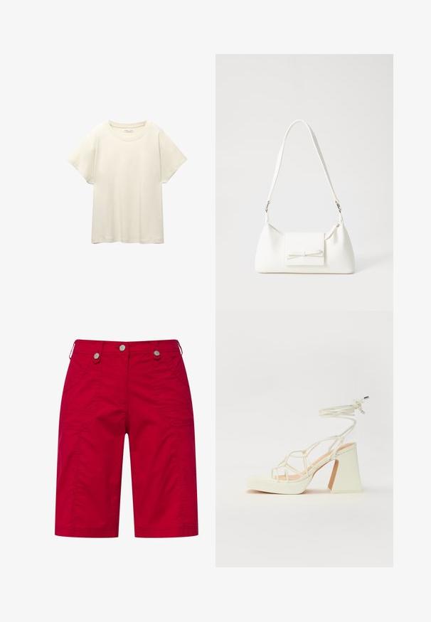 Lys beige kortærmet t-shirt med rund halsudskæring, lavet af blødt, glat stof. Har en afslappet pasform og lige forneden.; Røde cargo shorts lavet af bomuld med to sidelommer, dekorativ syning og sølvfarvede knaplukninger ved taljen.; Hvide højhælede sandaler med en kraftig hæl, der har et stropdesign og ankelbinding. Glat tekstur med en platform foran for ekstra højde.; Hvid syntetisk håndtaske med en trekantet form, flad forsideklap og sløjfedetalje, justerbar strop, glat tekstur og minimalistisk design.