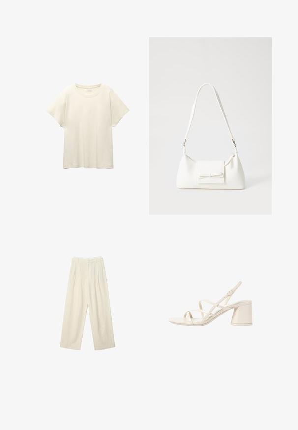 Jasno beżowa, krótko rękawowa koszulka z okrągłym dekoltem, wykonana z miękkiego, gładkiego materiału. Posiada luźny krój i prosty dół.; Jasno beżowe spodnie wide-leg wykonane z lnu. Posiadają wysoki stan i zaszewki dla dodatkowego efektu. Miękka tekstura i luźny krój.; Beżowe sandały na obcasie z cienkimi, krzyżującymi się paskami, otwartym palcem i kwadratowym klockiem. Gładkie wykończenie z lakierowanej skóry, regulowany pasek na kostkę.; Biała syntetyczna torba o trójkątnym kształcie, płaskim przednim klapce i detalach w postaci kokardy, regulowanym pasku, gładkiej fakturze oraz minimalistycznym designie.