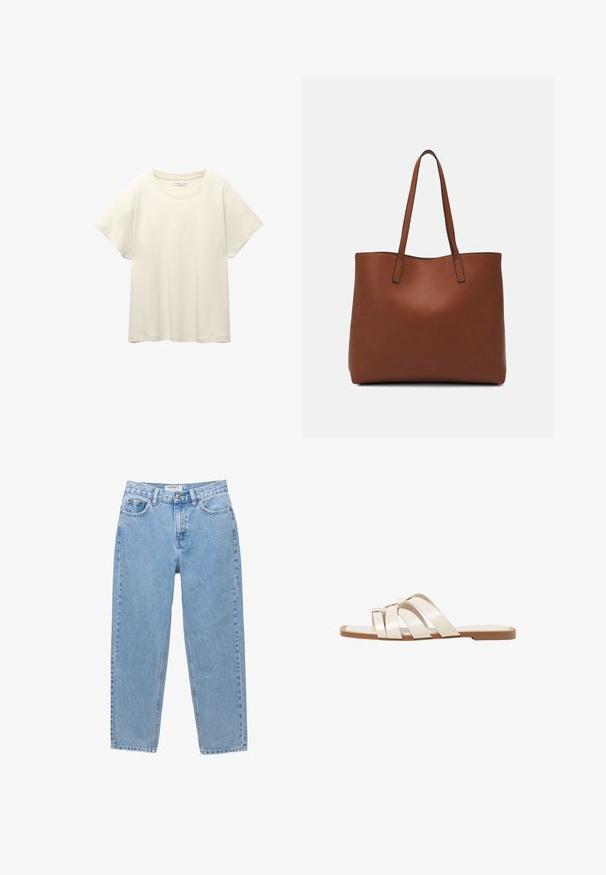 Ljus beige kortärmad t-shirt med rund halsringning, tillverkad av mjuk, slät tyg. Har en avslappnad passform och rak nederkant.; Ljusblå denimjeans med rak bendesign, fem fickor och knäppning. Har subtila blekningar och en klassisk stil.; Platta sandaler med en brun gummisula, designade med tre överlappande vita läderspännen och en liten rosett i mitten.; Brun läder tote-väska med en slät textur, öppen toppdesign och två axelremmar. Har minimal söm och ingen synlig metalldetalj.
