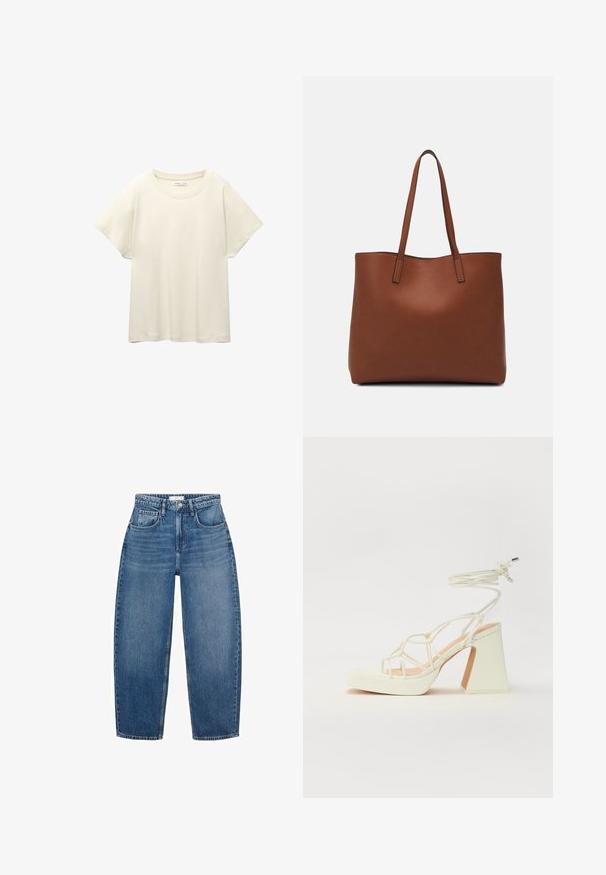 Tricou scurt de culoare bej deschis, cu mâneci scurte și decolteu rotund, realizat dintr-un material moale și neted. Are o croială lejeră și un tiv drept.; Blugi din denim albastru cu talie înaltă și croială dreaptă, având cinci buzunare, pasaje pentru curea și decolorări subtile pentru o textură suplimentară.; Sandale albe cu toc înalt și gros, cu un design cu curele și legătură la gleznă. Textură netedă, cu o platformă frontală pentru înălțime suplimentară.; Geantă de umăr din piele maro cu o textură netedă, design cu vârf deschis și două curele pentru umăr. Prezintă cusături minime și fără componente metalice vizibile.