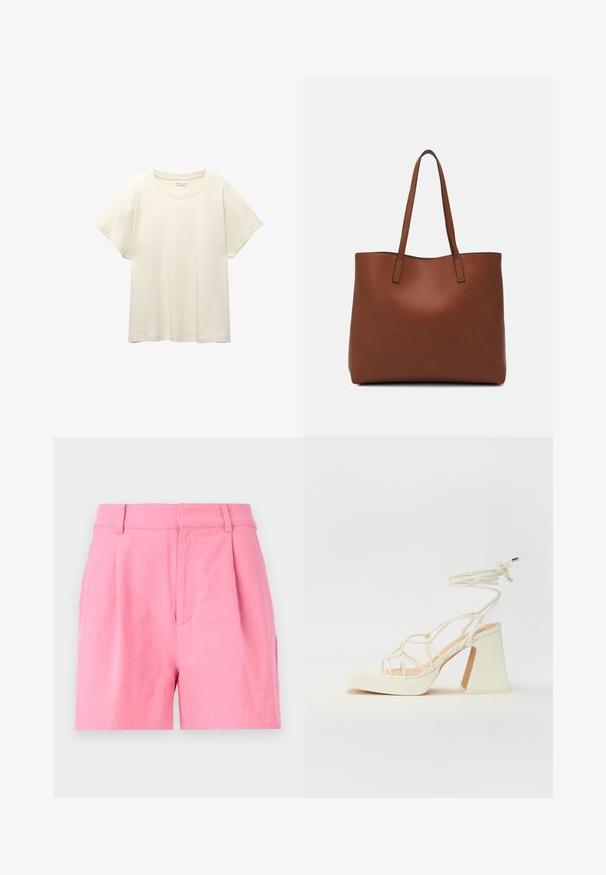 Maglietta a maniche corte beige chiaro con scollatura rotonda, realizzata in un tessuto morbido e liscio. Presenta una vestibilità comoda e un orlo dritto.; Pantaloni corti rosa in cotone con una superficie liscia, caratterizzati da pieghe, una vita e tasche laterali per una maggiore funzionalità.; Sandalo bianco con tacco alto, caratterizzato da un design a cinturini e un legaccio alla caviglia. Texture liscia con una piattaforma frontale per un'altezza aggiuntiva.; Borsa tote in pelle marrone con texture liscia, design con apertura superiore e due spallacci. Presenta cuciture minime e nessun hardware visibile.