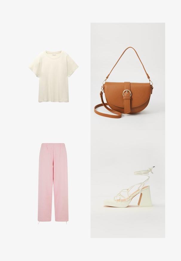 Helles beige T-Shirt mit kurzen Ärmeln und Rundhalsausschnitt, aus weichem, glattem Stoff gefertigt. Verfügt über eine lockere Passform und einen geraden Saum.; Helle rosa Sweatpants aus weichem Stoff, mit einem elastischen Bund, geradem Bein-Design und verstellbaren Kordelzügen am Saum.; Weiße High-Heel-Sandale mit einem klobigen Absatz, die über ein Riemchendesign und ein Knöchelband verfügt. Glatte Textur mit einer Plattform vorne für zusätzliche Höhe.; Braune Leder-Crossbody-Tasche mit geschwungener Form, goldfarbenen Beschlägen und einer Schnallenakzentuierung. Verfügt über einen abnehmbaren Schultergurt.