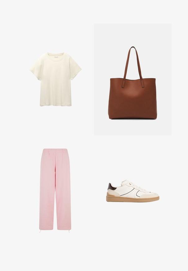Svetlo béžové tričko s krátkym rukávom a okrúhlym výstrihom, vyrobené z jemnej, hladkej tkaniny. Má voľný strih a rovný lem.; Svetloružové teplákové nohavice vyrobené z mäkkého materiálu, s elastickým pásom, rovnými nohavicami a nastaviteľnými šnúrami na leme.; Stradivarius Tenisky - white; Hnedá kožená taška na rameno s hladkou textúrou, otvoreným vrchom a dvoma ramenými popruhmi. Má minimálne šitia a žiadne viditeľné kovania.