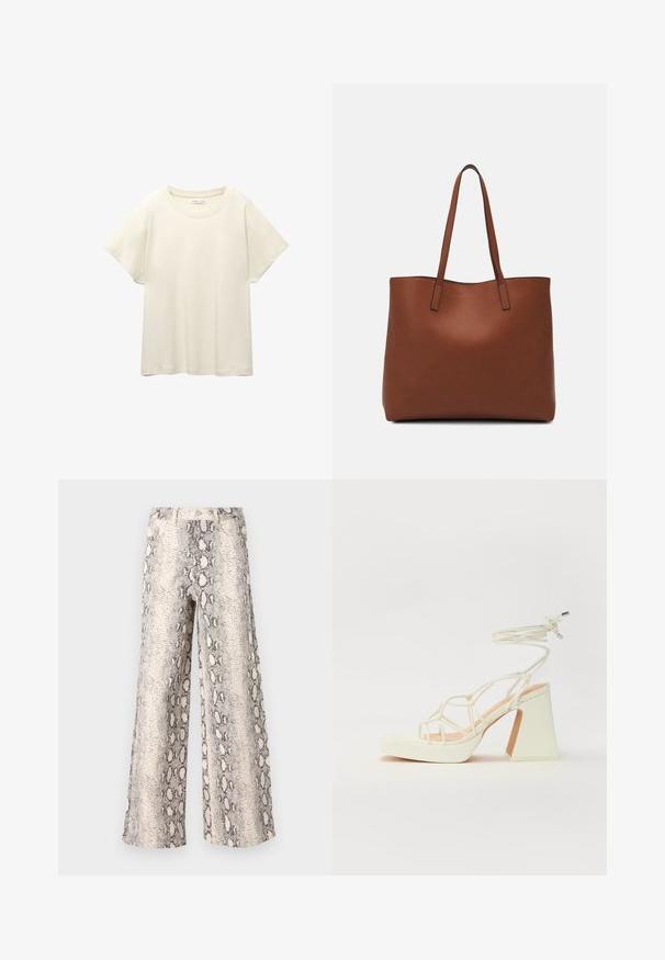 Tricou scurt de culoare bej deschis, cu mâneci scurte și decolteu rotund, realizat dintr-un material moale și neted. Are o croială lejeră și un tiv drept.; Pantaloni largi cu un model de imprimeu șarpe, având o paletă de culori crem și gri, confecționați dintr-un material texturat cu un design cu talie înaltă.; Sandale albe cu toc înalt și gros, cu un design cu curele și legătură la gleznă. Textură netedă, cu o platformă frontală pentru înălțime suplimentară.; Geantă de umăr din piele maro cu o textură netedă, design cu vârf deschis și două curele pentru umăr. Prezintă cusături minime și fără componente metalice vizibile.