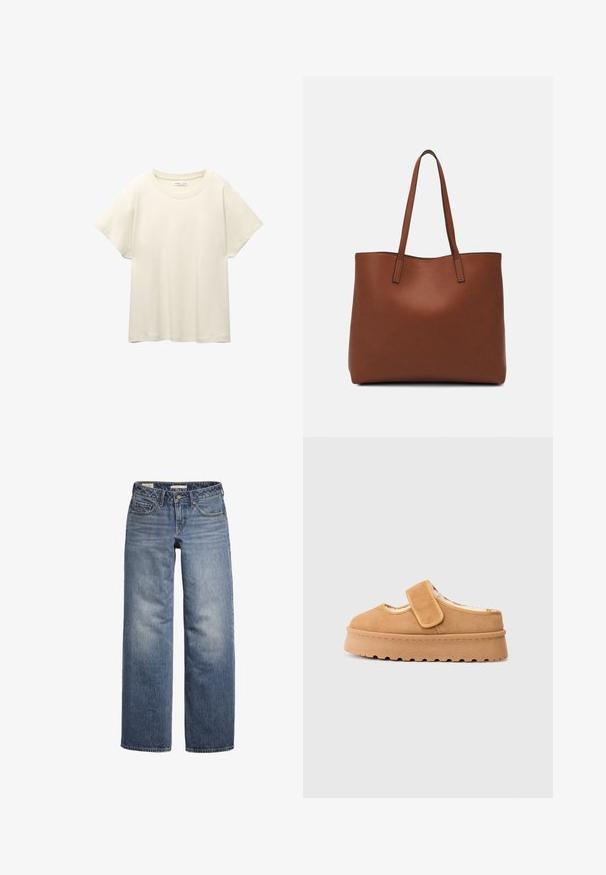 Vaaleanbeige lyhythihainen t-paita, jossa on pyöreä kaula-aukko, valmistettu pehmeästä ja sileästä kankaasta. Ominaisuuksina rento mitta ja suora helma.; Vaaleansiniset, leveälahkeiset farkut, joita on valmistettu denimistä. Tässä mallissa on viisi taskua, napitus ja haalistu pesu, joka antaa sileän pinnan.; Ruskea nappa-nahkainen liukupohjakenkä, jossa on tarranauha, pyöreä kärki ja paksu alusta, jossa on teksturoitu kumipohja.; Ruskea nahkainen olkalaukku, jossa on sileä pinta, avoin yläosa ja kaksi olkahihnaa. Omaavat vain minimaalisen ompelun eikä näkyvää metalliosaa.