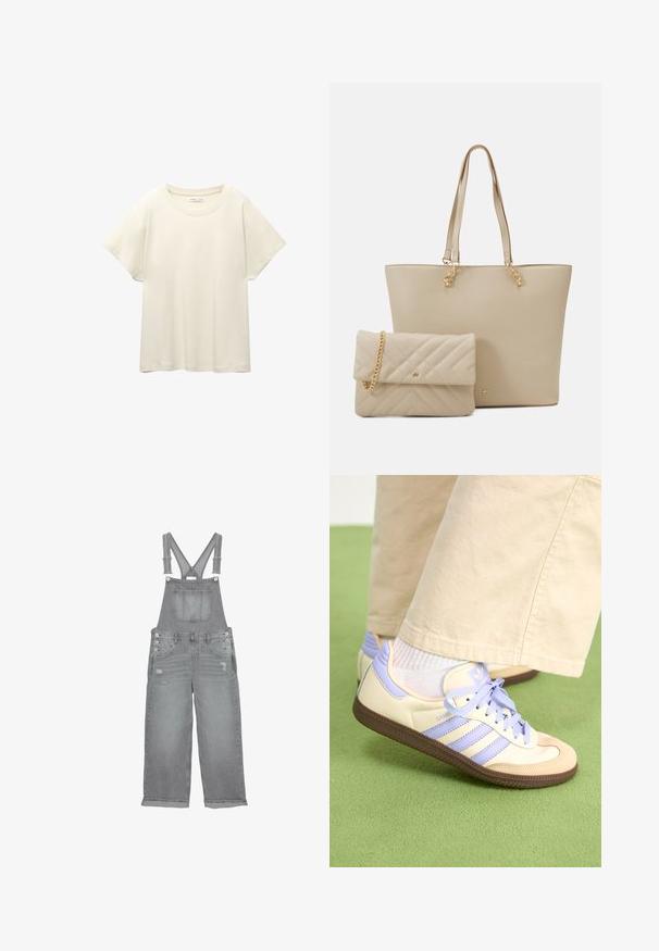 Ljus beige kortärmad t-shirt med rund halsringning, tillverkad av mjuk, slät tyg. Har en avslappnad passform och rak nederkant.; Grå denimoveraller med justerbara band, bröstficka fram, sidoknappar och slitna detaljer på benen.; Krämfärgade och lavendelfärgade sneakers med tre ränder och en texturerad brun sula, med snören och en vadderad häl. Mjuk tygobero.; Beige tote-väska med platta handtag, slät yta och guldfärgad detalj, i kombination med en matchande kviltad clutch med kedjesnodd.