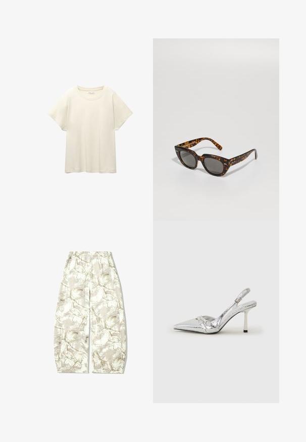 Ljus beige kortärmad t-shirt med rund halsringning, tillverkad av mjuk, slät tyg. Har en avslappnad passform och rak nederkant.; Lätta, löst sittande byxor i en krämfärgad bas med ett subtilt grönt och brunt lövmönster. Har en elastisk midja för komfort.; Silver slingback högklackad sko med spetsig tå, metallisk finish, två dekorativa remmar och en smal klack med svart spets.; Sköldpaddsmönstrade solglasögon med kantiga bågar och grå linser. Har en glänsande yta och subtil märkning på skalmarna.; Svart läderhandväska med en böjd form, avtagbar rem och guldiga detaljer. Väskan har ett lock med en spänndetalj.