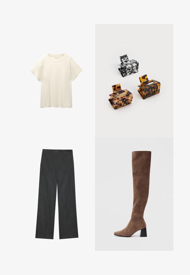 T-shirt beige clair à manches courtes avec un col rond, fabriqué en tissu doux et lisse. Présente une coupe décontractée et un ourlet droit.; Pantalons larges gris foncé en tissu texturé, avec une taille plate, des passants de ceinture et une finition soignée à l'ourlet.; Bottes marron au-dessus du genou en suede doux avec un bout pointu et un talon épais noir. Le design présente des coutures sans couture pour un look élégant.; Trois pinces à cheveux : une marbrée noir et blanc, deux en écaille de tortue dans des nuances de marron et de noir, toutes en plastique brillant avec une finition texturée.