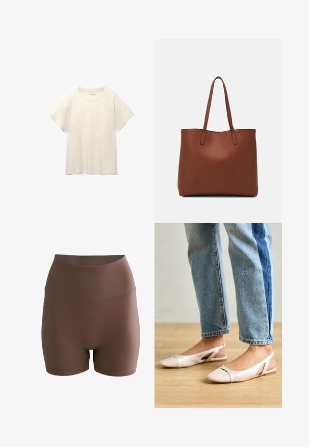 Lys beige kortærmet t-shirt med rund halsudskæring, lavet af blødt, glat stof. Har en afslappet pasform og lige forneden.; aim’n® SHAPE SEAMLESS - Shorts - brown; Lyserøde slingback flade sko med spidse tær, lavet af et glat læderlignende materiale. Har udskæringsdetaljer på siderne og en flad hæl.; Brun læder tote taske med en glat overflade, åben topdesign og to skulderremme. Har minimal syning og ingen synlig hardware.