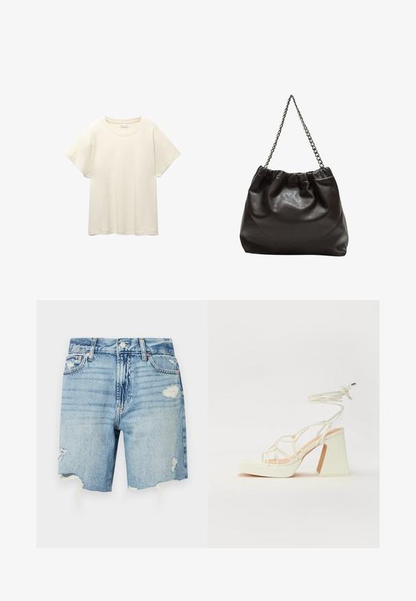Svijetlo bež majica kratkih rukava s okruglim izrezom, izrađena od meke, glatke tkanine. Karakterizira je opušteni kroj i ravni rub.; Svijetloplave traper šortse s visokim strukom. Sadrže izlizane detalje s raspucanim rubom i više džepova. Klasičan dizajn s pet džepova.; Bijela sandala na visokoj potpetici s debelim petom, s remenom i vezanjem oko gležnja. Glatka tekstura s platformom sprijeda za dodatnu visinu.; Smeđa kožna torba s naboranim vrhom i lančićem za nošenje. Glatka tekstura s sjajnim završetkom i suptilnim šavnim detaljima sa strane.