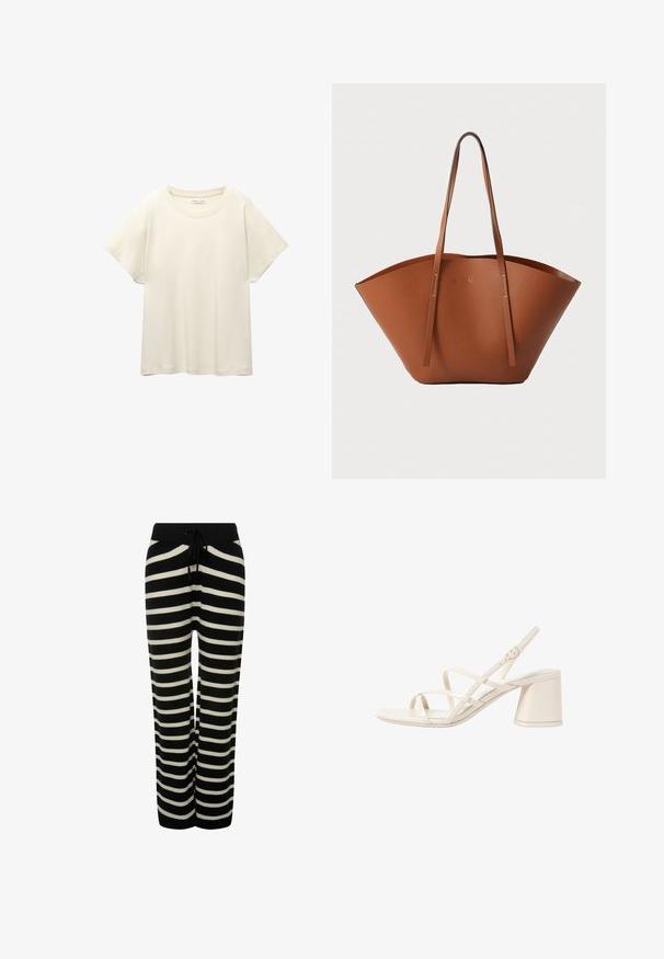 Jasno beżowa, krótko rękawowa koszulka z okrągłym dekoltem, wykonana z miękkiego, gładkiego materiału. Posiada luźny krój i prosty dół.; Studio Untold - Spodnie materiałowe; Beżowe sandały na obcasie z cienkimi, krzyżującymi się paskami, otwartym palcem i kwadratowym klockiem. Gładkie wykończenie z lakierowanej skóry, regulowany pasek na kostkę.; Brązowa skórzana torba tote o szerokim, usztywnionym kształcie, cienkich uchwytach i teksturowanym wykończeniu. Charakteryzuje się minimalistycznym designem bez widocznych elementów metalowych.