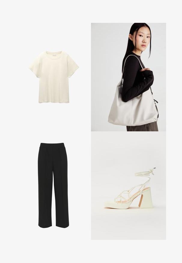 Tricou scurt de culoare bej deschis, cu mâneci scurte și decolteu rotund, realizat dintr-un material moale și neted. Are o croială lejeră și un tiv drept.; Pantaloni negri cu picioare largi și talie plată, având pliseuri în partea frontală și o textură netedă. Fără buzunare vizibile sau accesorii.; Sandale albe cu toc înalt și gros, cu un design cu curele și legătură la gleznă. Textură netedă, cu o platformă frontală pentru înălțime suplimentară.; Geantă bej din material moale, cu un design lejer, detalii cusute și două bretele pentru umăr. Potrivită pentru utilizarea zilnică.