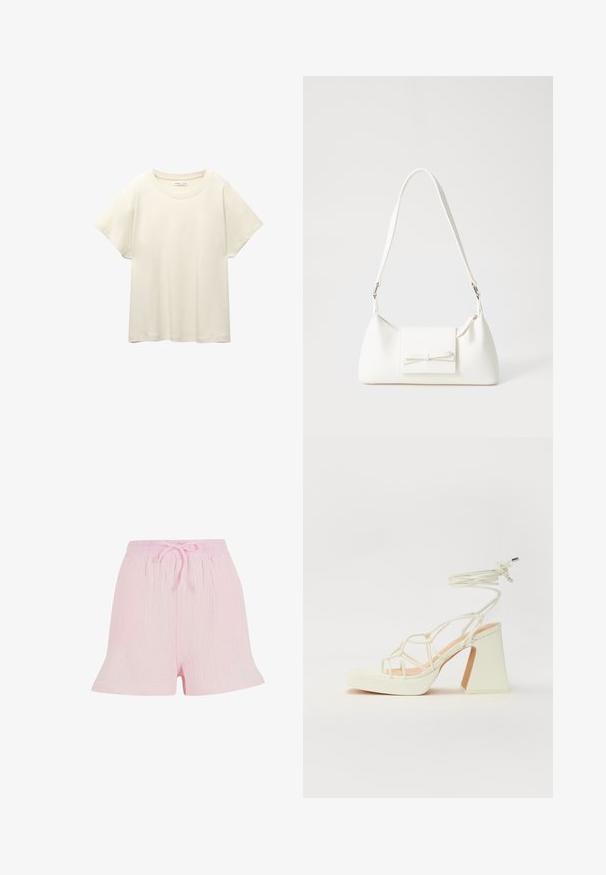 Tricou scurt de culoare bej deschis, cu mâneci scurte și decolteu rotund, realizat dintr-un material moale și neted. Are o croială lejeră și un tiv drept.; Shorts roz pal cu un material texturat, având o talie elastică cu șnur și o siluetă lejeră, evazată.; Sandale albe cu toc înalt și gros, cu un design cu curele și legătură la gleznă. Textură netedă, cu o platformă frontală pentru înălțime suplimentară.; Geantă sintetică albă, cu formă triangulară, capac frontal plat și detaliu cu fundă, curea ajustabilă, textură netedă și design minimalist.